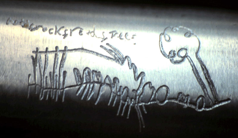 Detail of engraving of a childs drawing from the site of the bridge.